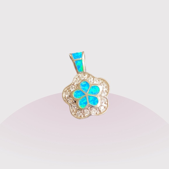 Sterling Blue Opal and Crystal Flower Pendant - Picture 2 of 7